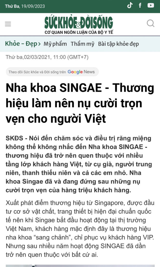 Báo Sức khỏe và Đời Sống nhận xét về Nha khoa Singae